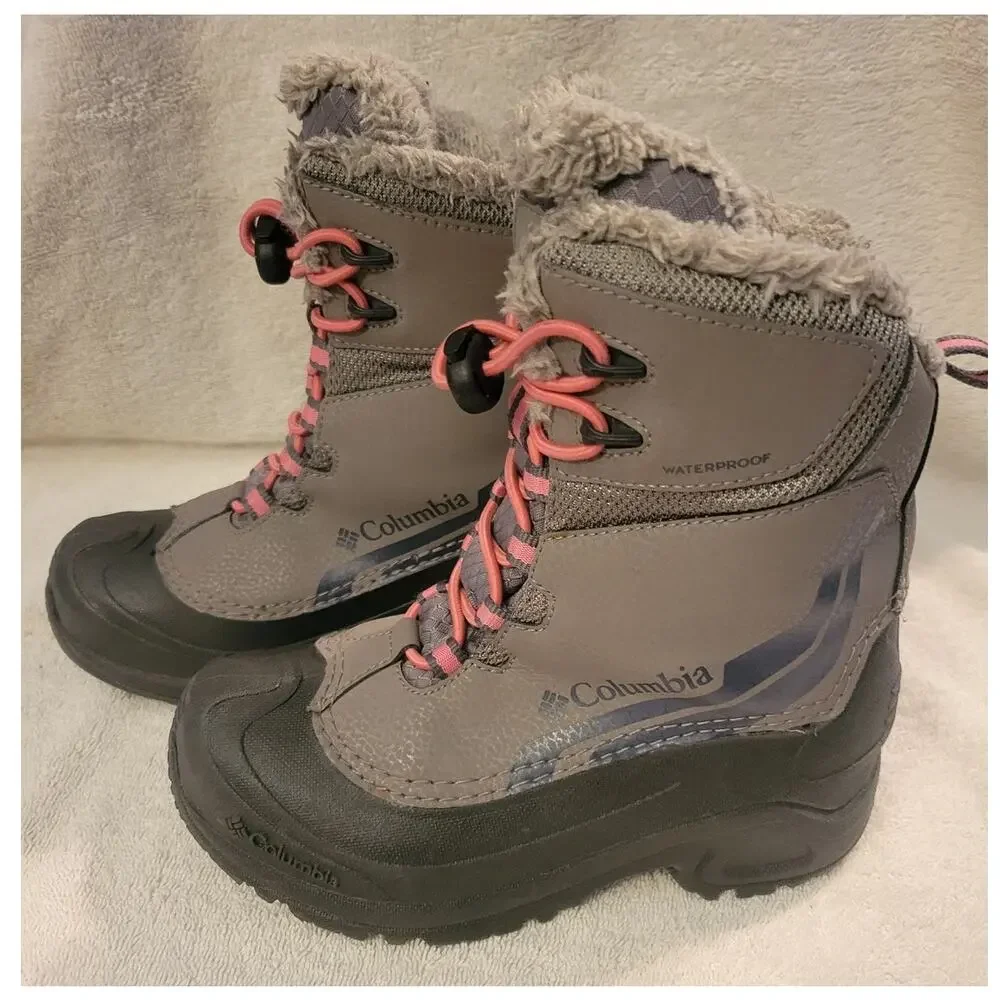 Columbia Bugaboot IV Gray Lined Winter Snow Hiking Boots Pink Lace Kids Size 2